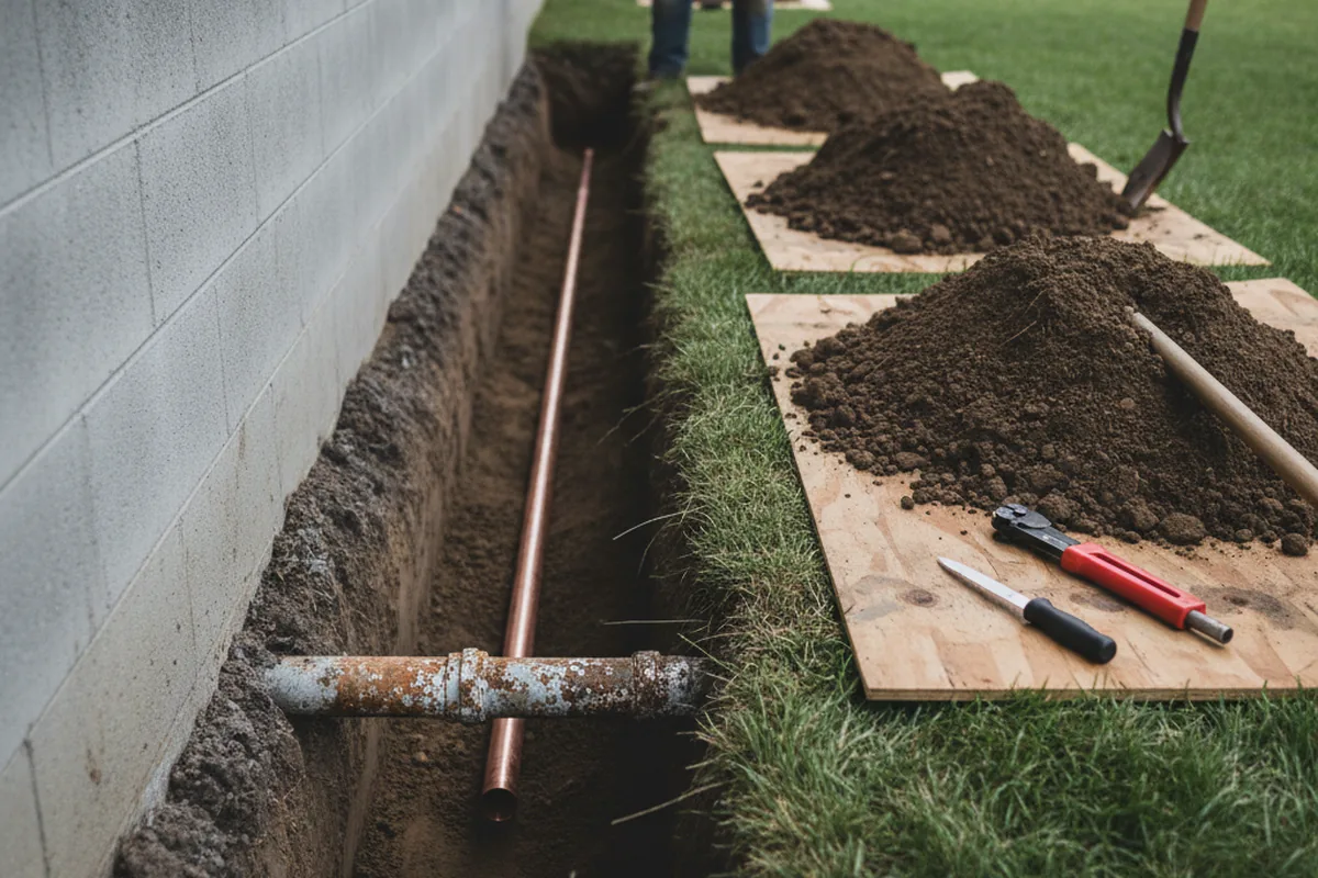 Excavated water line trench during Water Softener Installation in Occidental